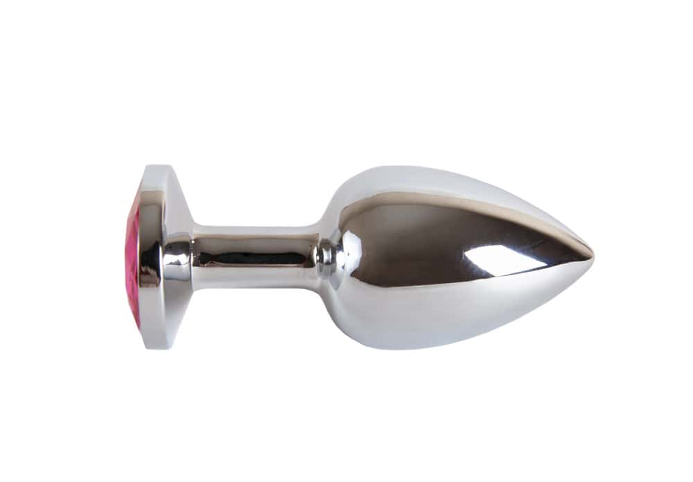A stainless steel butt plug with a pointed tip and a red gem on the base, perfect for those exploring hotwife sex toys, shown against a white background.