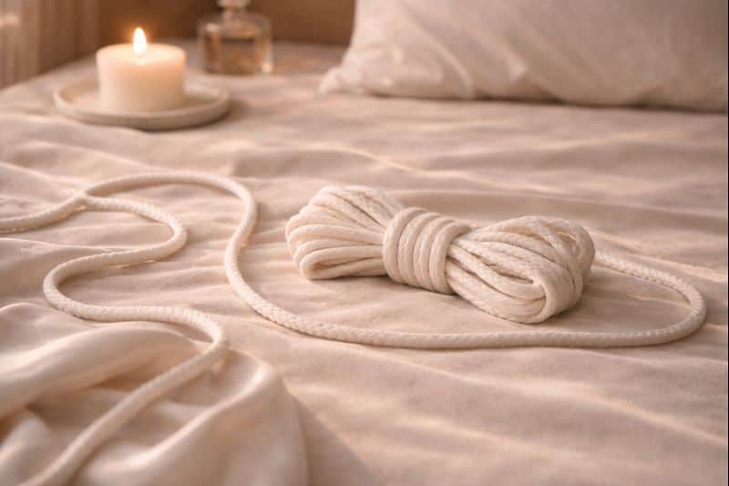A coiled white rope, perfect for BDSM for couples, rests on a beige bedspread, with a lit candle and a glass bottle on a tray in the background.