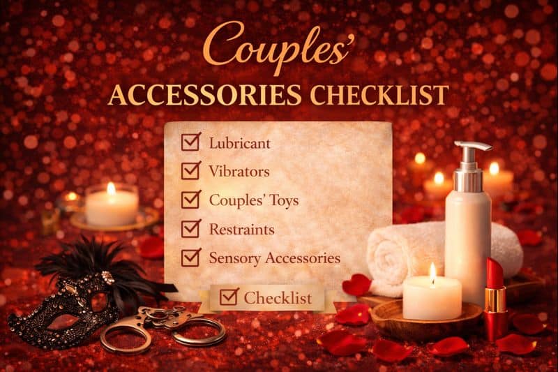 A checklist for best couples toys and accessories is displayed among candles, rose petals, a mask, a towel, a bottle, handcuffs, and lipstick on a red, glittery background.