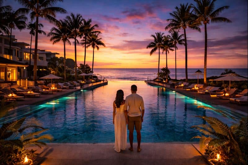 A couple stands at the edge of a lit swimming pool, facing the ocean and a colorful sunset. Palm trees and lounge chairs surround the pool at one of the best swinger resorts and adult hotels on the West Coast.