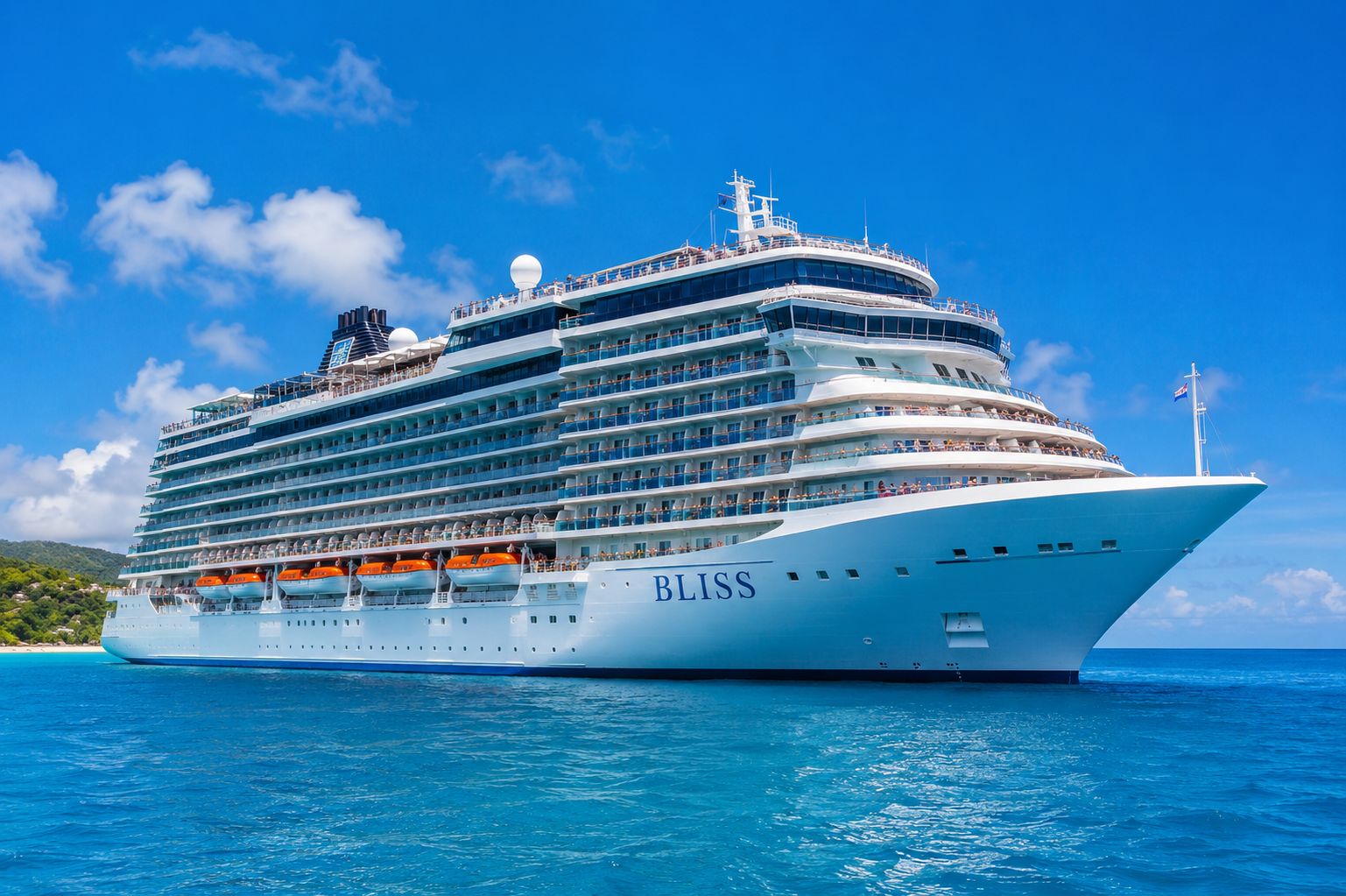 An open suitcase packed with colorful resort wear and accessories ready for a tropical lifestyle cruise vacation.