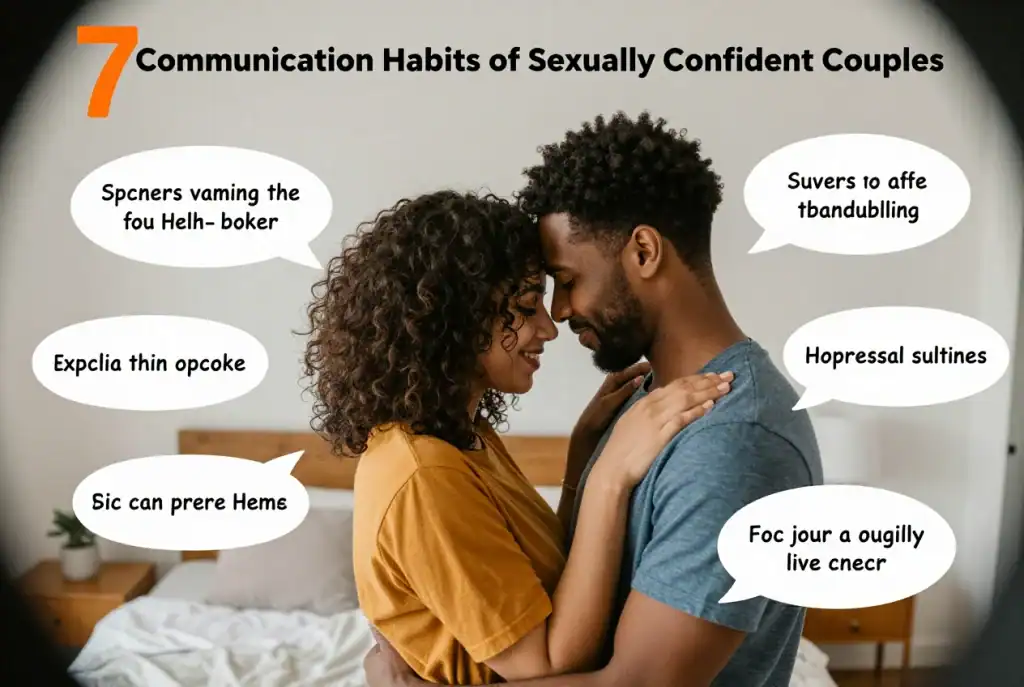 A couple stands close together in a bedroom, surrounded by speech bubbles with jumbled text and a title reading 