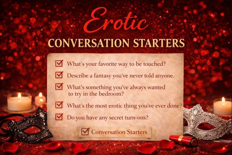 A decorative image with candles, rose petals, and masks showcases an inviting list of erotic conversation starters featuring five intimate questions on a parchment background.