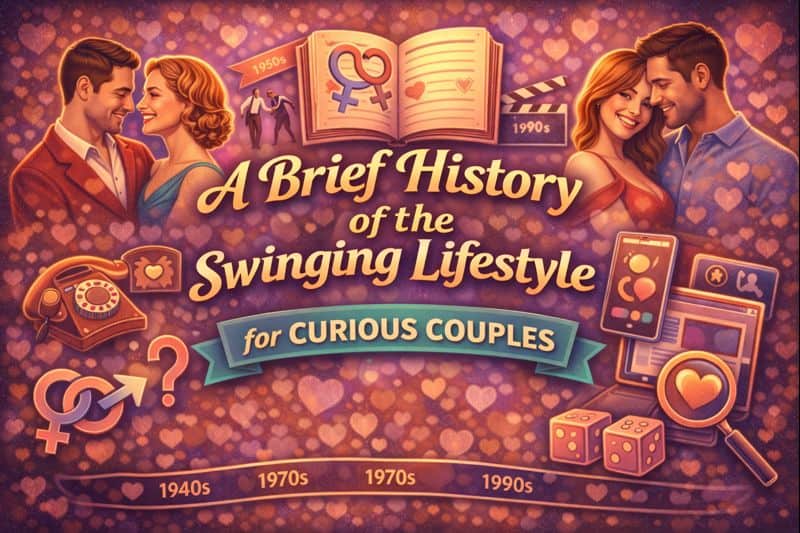 Illustration showing couples from different decades, symbols of swinging, and a banner reading 