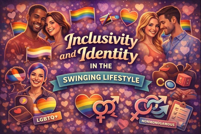 Two diverse couples and symbolic icons illustrate LGBTQ swinging and diversity in swinging, celebrating inclusivity, LGBTQ+ pride, and nonmonogamy within the swinging lifestyle. The text reads: 