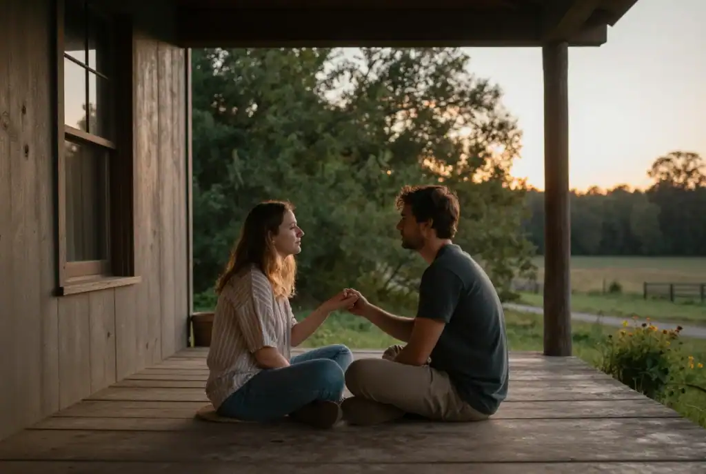 Two people sit cross-legged facing each other on a wooden porch at sunset, holding hands and engaging in conversation, as they work to rebuild intimacy after a relationship break, with trees and fields in the background.