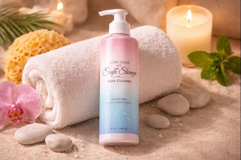 A pump bottle of soap cleaner sits on a rolled white towel, surrounded by stones, a pink orchid, mint sprig, lit candle, and palm leaf-perfect for swinger toy cleaning or learning how to clean sex toys safely and effectively.