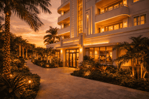 A well-lit entrance to one of the top lifestyle hotels Miami, surrounded by palm trees and plants at sunset, with warm lights illuminating the building and pathway.