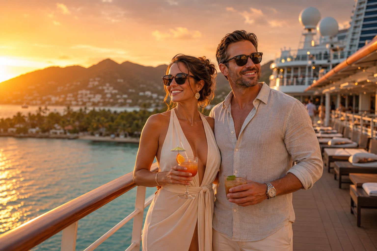 A couple in resort wear stands on a cruise ship deck at sunset, smiling with cocktails in hand, tropical coastline in the background.