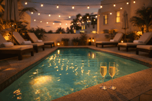 Two glasses of champagne rest on the edge of a lit outdoor pool surrounded by lounge chairs at dusk, with string lights and palm trees in the background-perfect for discovering Florida’s hidden gems in the 2026 Guide to Swinger RV Resorts.