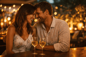 A man and woman sit close together at a table, smiling and touching foreheads, with wine glasses in front of them and warm, ambient lighting-capturing the inviting atmosphere found at top Florida destinations featured in the 2026 Guide to Swinger RV Resorts.