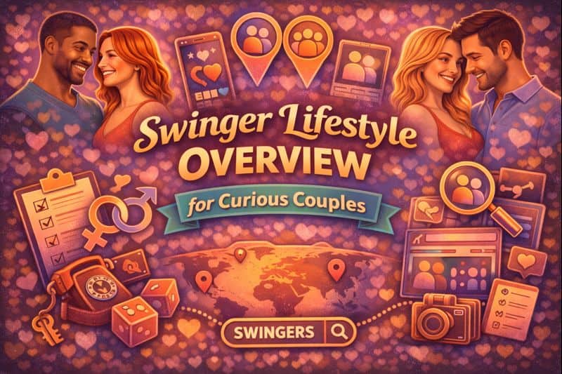 Two smiling couples are surrounded by icons and graphics representing swinging basics, with the text: “Swinger Lifestyle Overview for Curious Couples” on a colorful, heart-patterned background.