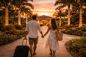 A couple holds hands while walking down a palm-lined path at sunset, pulling a suitcase and carrying a woven bag-ready to experience the excitement of Tampa swinger resorts.