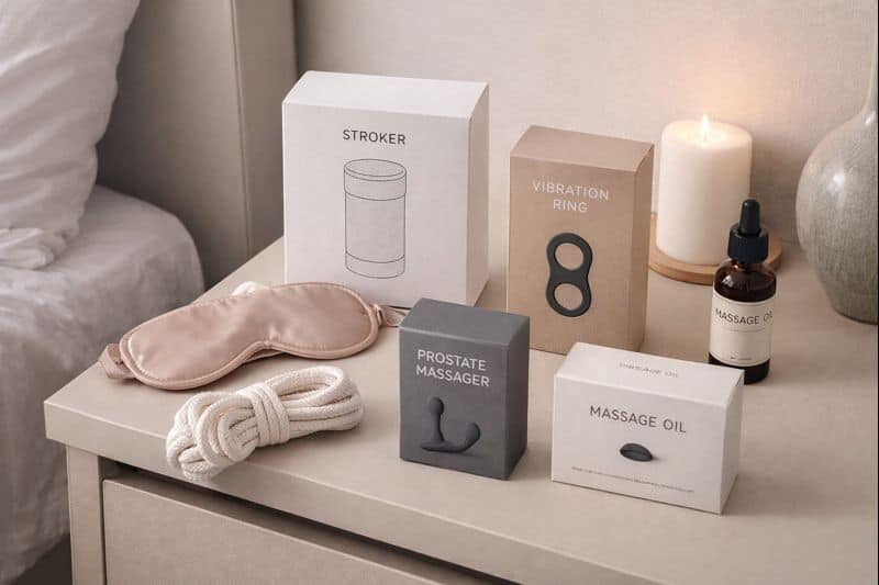 Various sexual wellness products, including some of the top 10 toys for men that enhance couple play-like a stroker, vibration ring, and prostate massager-are displayed on a bedside table next to a lit candle.