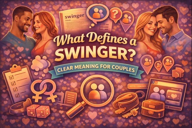 Illustration with couples, checklist, gender symbols, dice, and text reading “What Defines a SWINGER? Clear Meaning for Couples,” surrounded by heart and relationship icons. Explores the swinging definition for couples and what open relationships mean.